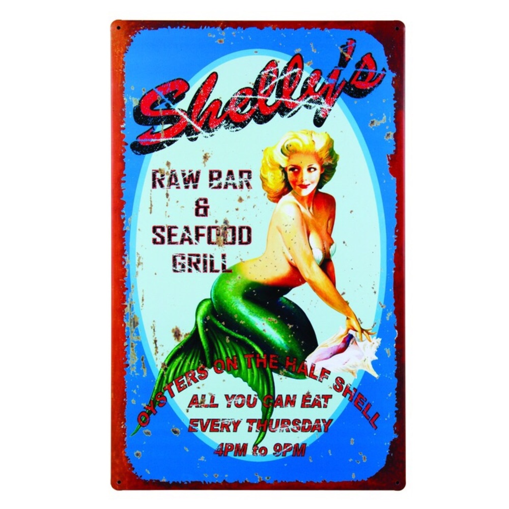 Mermaid vintage tin sign Shellys Raw Bar 16" 39601